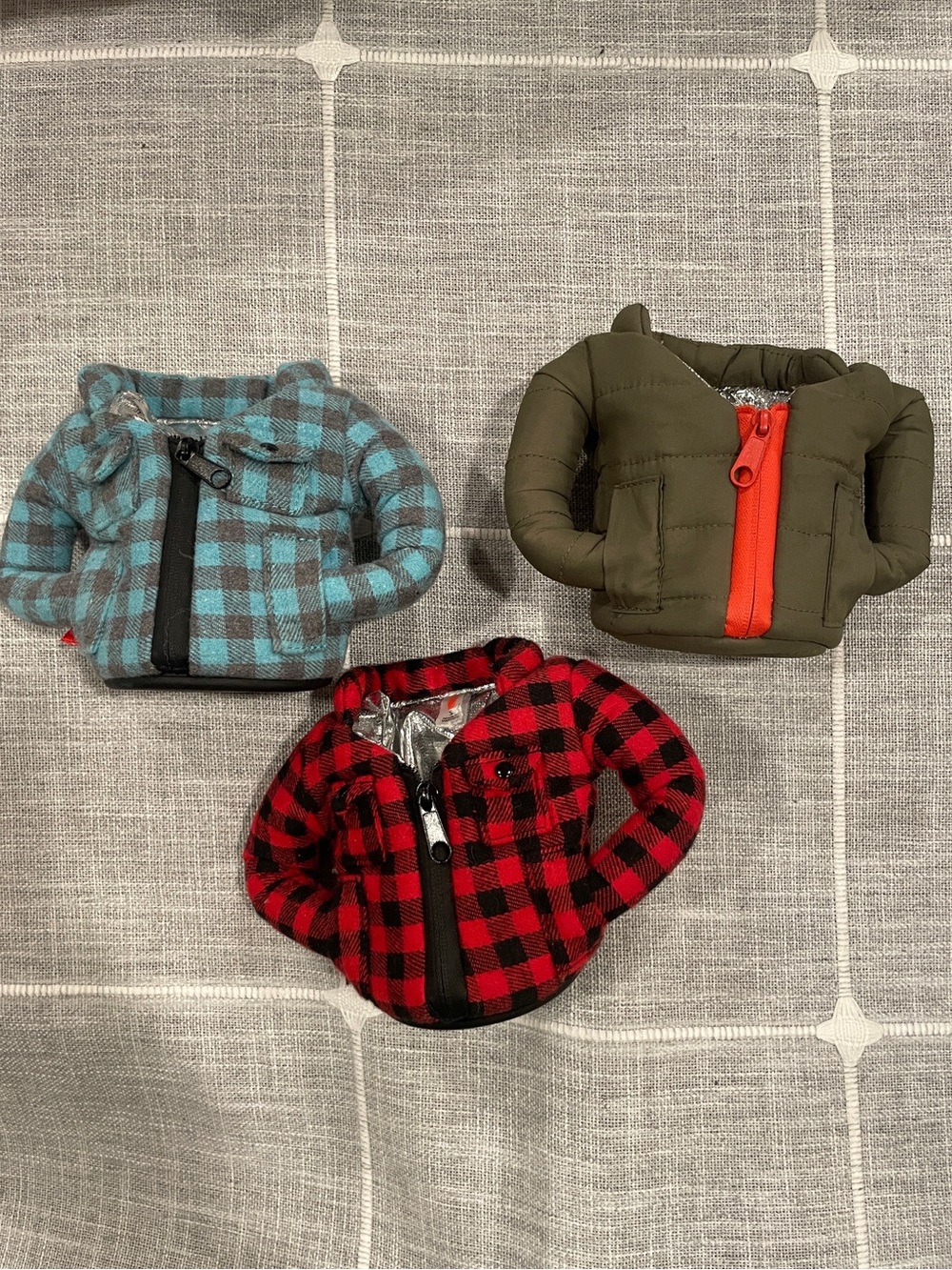 Set of 3 puffin drinkware koozies - Red plaid, Blue plaid, Olive